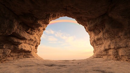 Majestic Cave Opening Reveals a Vibrant Rainbow and Serene Sunset Sky