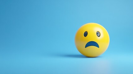 Fototapeta premium Yellow sad face emoji on a blue background representing negative emotion.