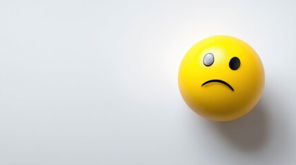 Fototapeta premium Yellow sad face ball with one eye on white surface.