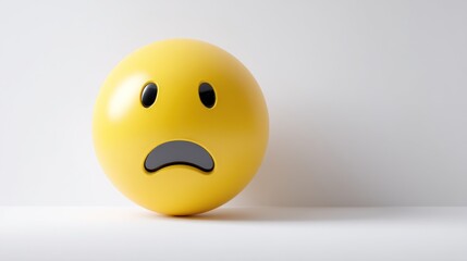 Fototapeta premium Yellow emoji ball with a sad expression on a white surface.
