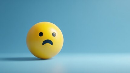 Fototapeta premium Yellow ball with sad face expression on blue background studio shot.
