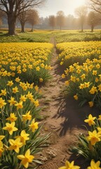 Fototapeta premium Golden daffodils carpet a sunny field, cheerful spring scene, macro, vibrant