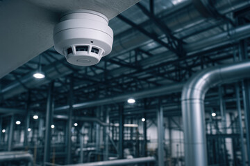 Smoke detector installed ceiling industrial power plant for safety and fire prevention large factory environment with metal pipes and beams