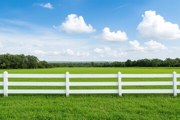 A white fence defines a vibrant green field under a summer sky landscape.