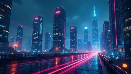 Fototapeta premium Futuristic cityscape at night, glowing holographic buildings and flying vehicles , night background, abstract background, abstract design
