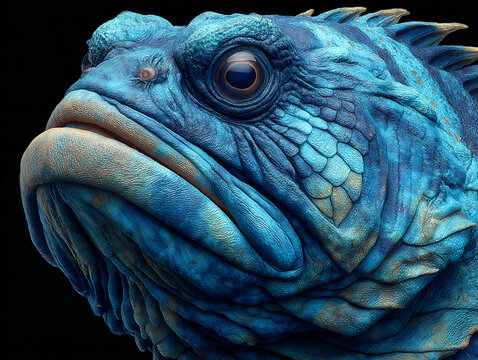 side-view close-up underwater photograph of an atlantic wolffish with its sharp profile and textured skin clearly visible under artificial lighting,