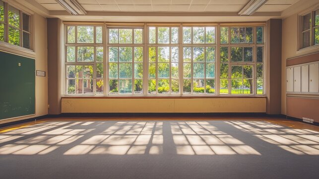 A large room with a green board on the wall