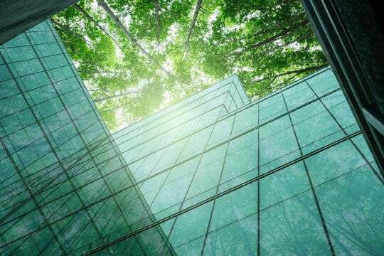 Eco-friendly building in modern city. Sustainable glass office building with trees for reducing carbon dioxide. Office building with green environment. Corporate building reduce CO2. Net zero emission - Powered by Adobe