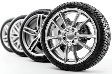Fototapeta premium Set of tires and alloy wheels isolated on white background representing automotive equipment and parts