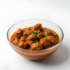 Indian Spicy mutton curry in a Glass bowl on white background