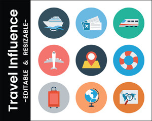 Colorful Travel Icons Set Featuring Cruise Ship,Globe,Plane,And More Modern Style