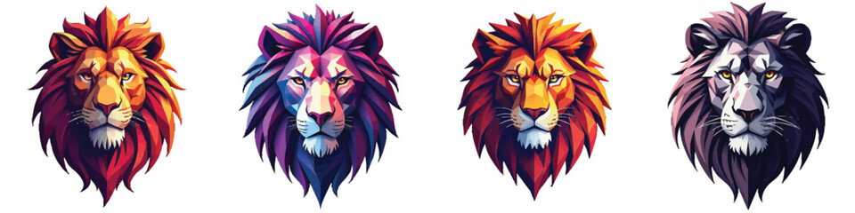 Cut-out set of low-poly storm lion head in a vector illustration against a Transparent or white background, best for logo design, print, sticker or clipart.