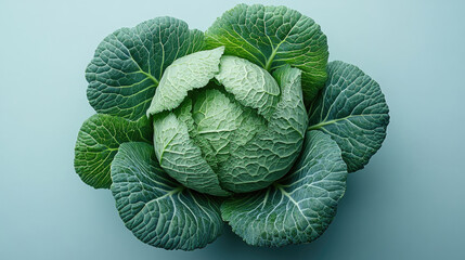 Obraz premium A whole, fresh green cabbage, viewed from above, sits on a pale teal background. Its leaves are tightly packed and vibrant