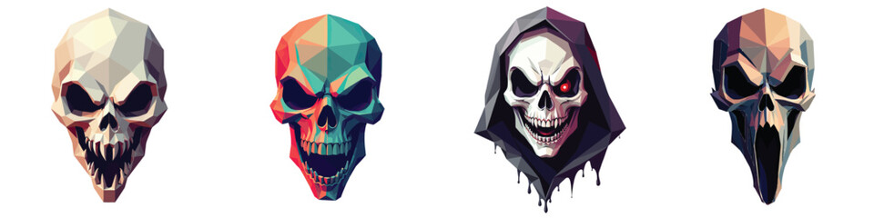Fototapeta premium Cut-out set of low-poly haunted ghoul face in a vector illustration against a Transparent or white background, best for logo design, print, sticker or clipart.