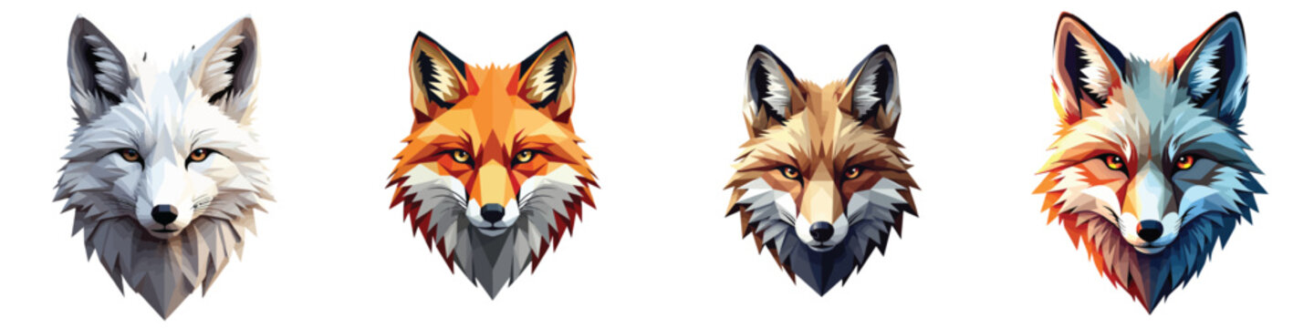 Cut-out set of low-poly arctic fox head in a vector illustration against a Transparent or white background, best for logo design, print, sticker or clipart.