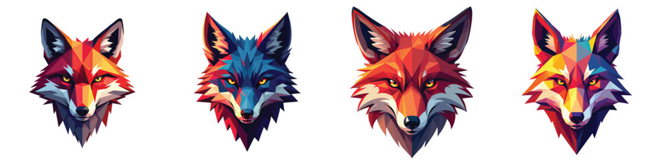 Cut-out set of low-poly thunder fox face in a vector illustration against a Transparent or white background, best for logo design, print, sticker or clipart.