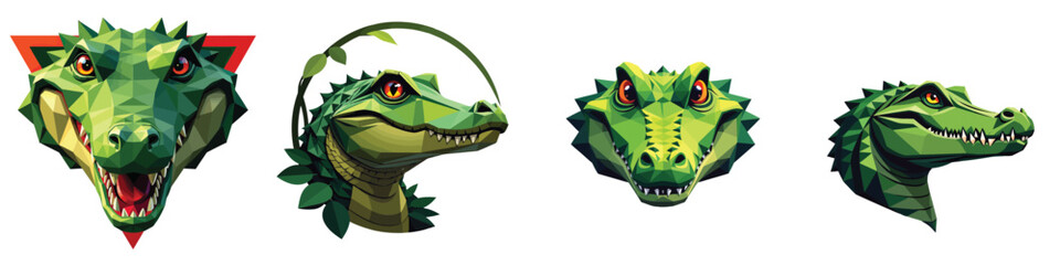 Fototapeta premium Set of 4 Green Alligator Crocodile Head Vector Illustrations