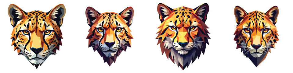 Cut-out set of low-poly armored cheetah face in a vector illustration against a Transparent or white background, best for logo design, print, sticker or clipart.