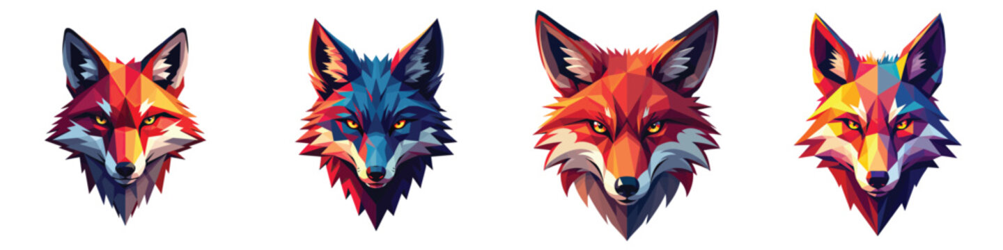 Cut-out set of low-poly thunder fox face in a vector illustration against a Transparent or white background, best for logo design, print, sticker or clipart.