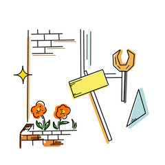 家や花の工事、リフォームのシンプルなイラスト