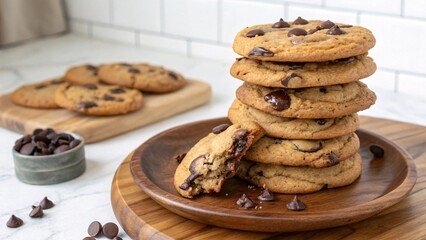 A stack of delicious chocolate chip cookies on a wooden plate.