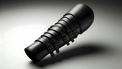 Matte black leather archery arm guard with curved shape, cleanly isolated on minimalist backdrop under soft light.