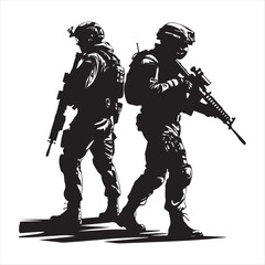 Silhouette vector set of an American soldier holding a gun. On white background