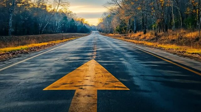 Serene autumn landscape tranquil road flanked by trees, inviting exploration into peaceful future of 2025.