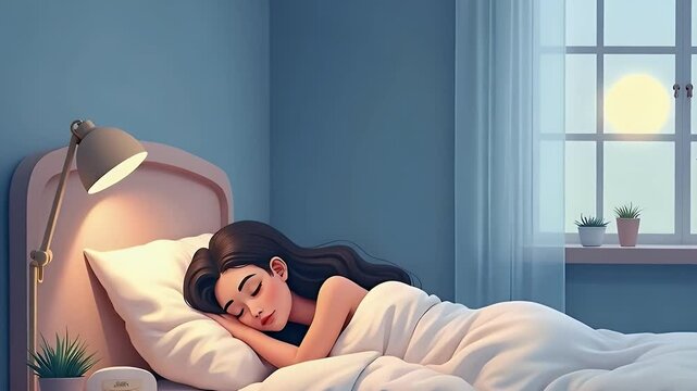 Flat vector illustration for World Sleep Day showing a cozy bedroom with a person peacefully sleeping under a soft blanket, moonlight through window, calming atmosphere