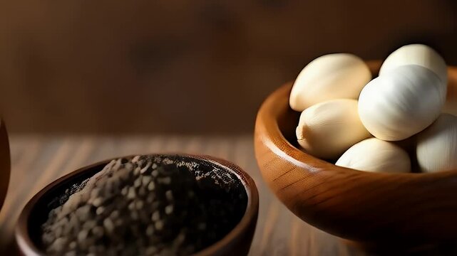 Dried bay leaves scattered on a wooden table next to ground black pepper, coarse salt and whole garlic cloves, 