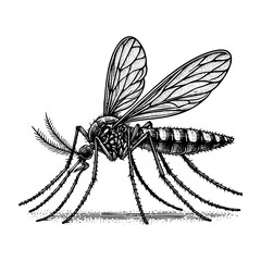 Obraz premium Mosquito sketch engraving black and white outline. Scratch board imitation. illustrated in vintage line art style on a white background.