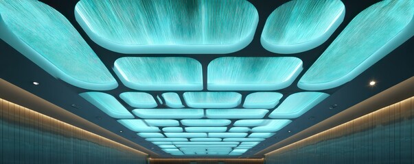 Illuminated ceiling with rectangular and oval shapes in a modern architectural design.