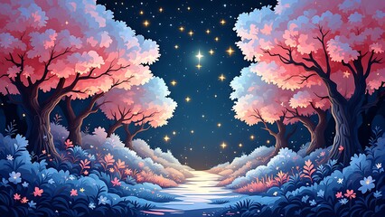 Enchanted forest glowing at night with starry path and pink-white cloud trees. Dreamlike scene with sparkles, soft breeze, and magical atmosphere in a fantasy night setting