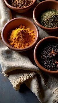  Overhead view of ceramic bowls filled with turmeric, cumin seeds, fennel, and star anise on a rough burlap cloth, beside a vintage mortar and pestle, giving a traditional herbal medicine vibe