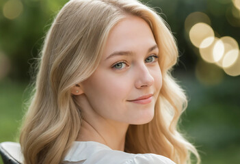 Naklejka premium Beautiful Blonde Woman Enjoying a Calm Moment in Nature