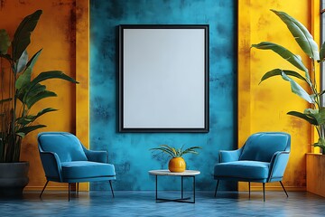 Modern living room interior design with blue armchairs blank picture frame and plants