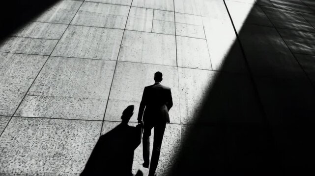 A man in a suit is walking down a dark hallway with a briefcase in his hand. Concept of solitude and seriousness, as the man is focused on his work and not interacting with anyone else