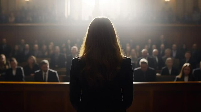 Female lawyer delivering closing arguments to jury in courtroom setting for justice