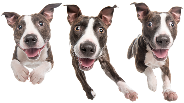 Funny amstaff dog with crazy eyes flying in the air, cutout isolated white background