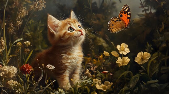 A kitten and a butterfly in a garden