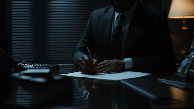 Focused executive meticulously reviews and signs legal documents in dark office environment