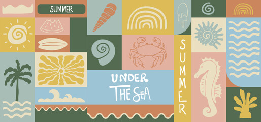 Summer geometric banner background with seahorse,rainbow,shell.graphic for horizontal design © piixypeach