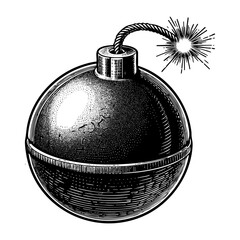 Classic round bomb with a lit fuse sketch engraving black and white outline. Scratch board imitation.  illustrated in vintage line art style on a white background.