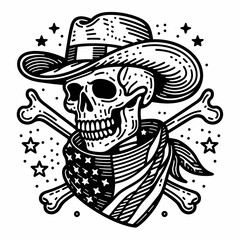 skeleton with cowboy hat and american flag overlay scarf Skull Crossbones. Skeletal sport clipart silhouette vector illustration. Bony form in western headwear usa banner drape bone design.