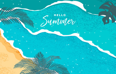 summer landscape grain texture background with beach and palm leaves for horizontal design