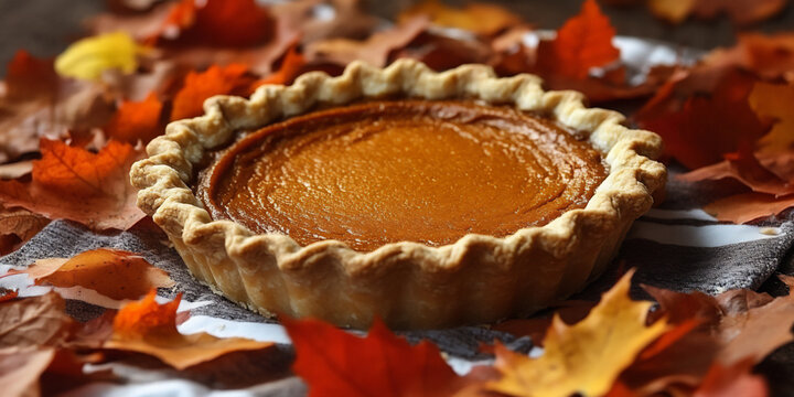 pumpkin pie whole picnic blanket autumn leaves - Powered by Adobe