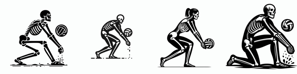 Skeleton as Volleyball Player Digging. Skeletal sport clipart silhouette vector illustration. Bony athlete playing court game excavating ground halloween action.