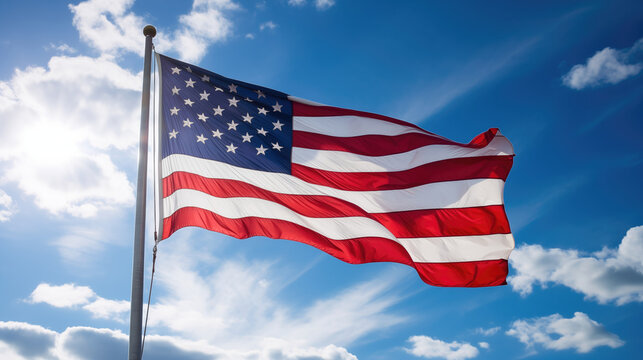 A vibrant national flag billows proudly against a sunny blue sky, punctuated by fluffy white clouds