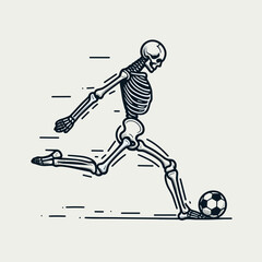Skeleton as Soccer Player Taking Penalty. Skeletal sport clipart silhouette vector illustration. Bony athlete kicking ball for goal execution comical macabre moment.