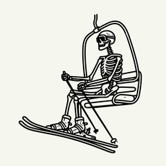 Skeleton as Skier on Ski Lift. Skeletal sport clipart silhouette vector illustration. Bony figure enjoying winter recreation at high altitude chair conveyance.